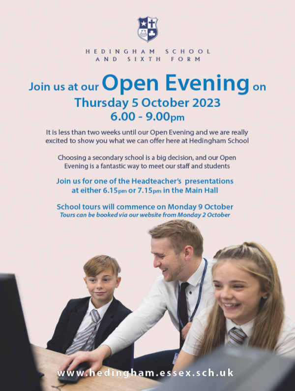 Hedingham School - Open Evening 2023 Poster
